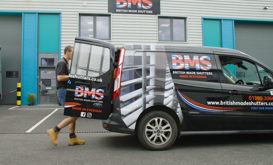 British Made Shutters van in front of warehouse